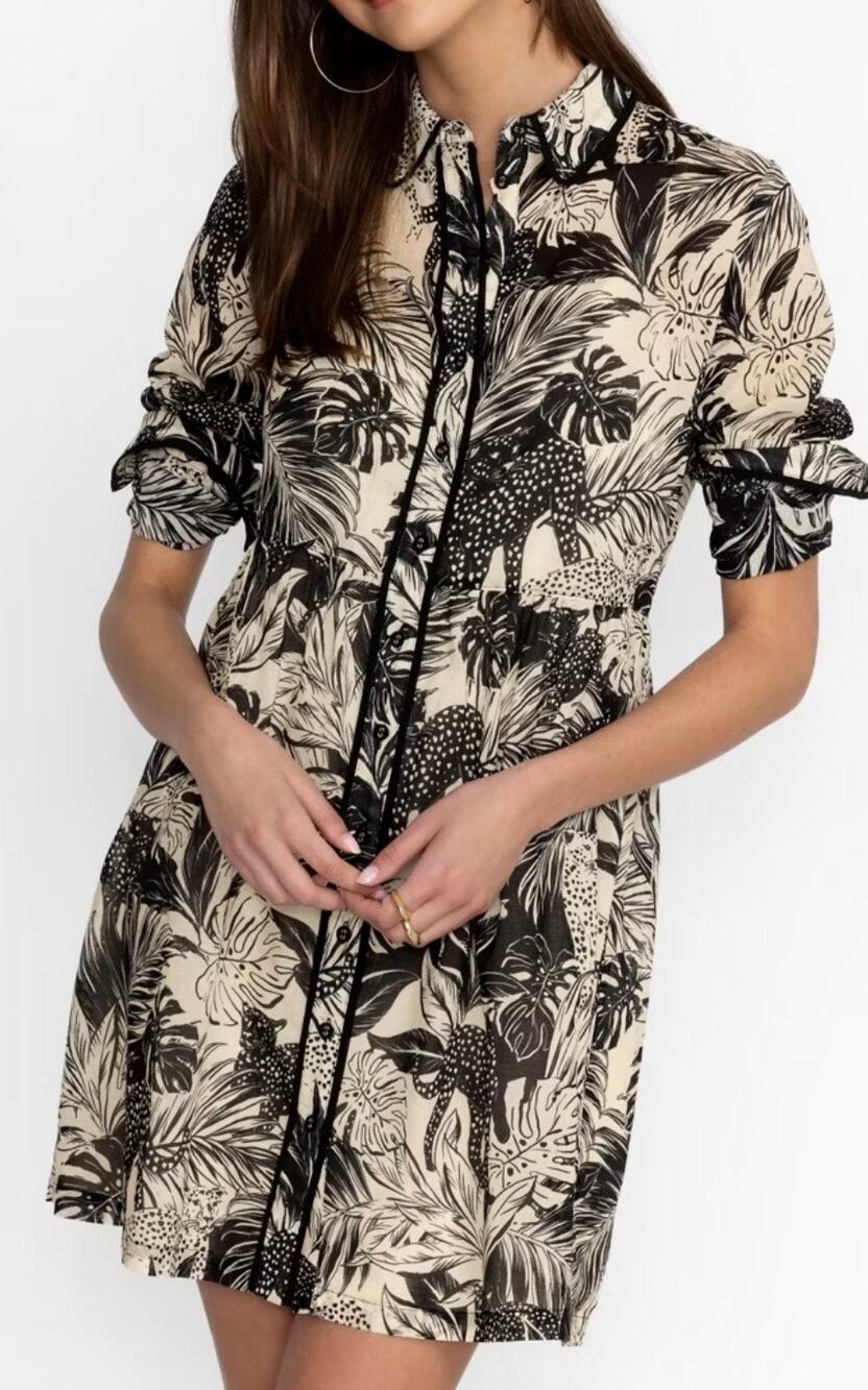Johnny Was Pipping Shirt Dress 100% Cotton Relaxed Skirt Fit Size S NWT